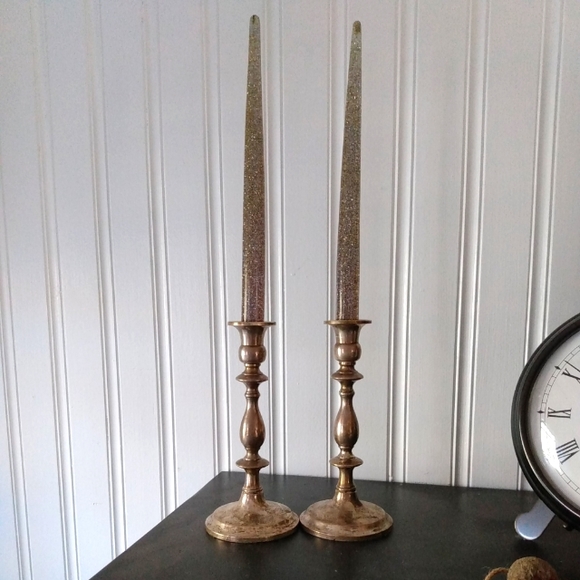 Other - Vtg Mid-Century Acrylic Lucite Faux Candle Pair Set Glitter Flecked Silver MCM